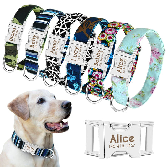 Personalized Printed Nylon Dog Collar + Free Engraved ID Plate – Adjustable for Small, Medium & Large Dogs