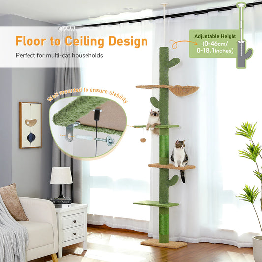 Adjustable 5-Tier Floor-to-Ceiling Cactus Cat Tower – Sisal Scratching Posts, Hammock & Dangling Ball