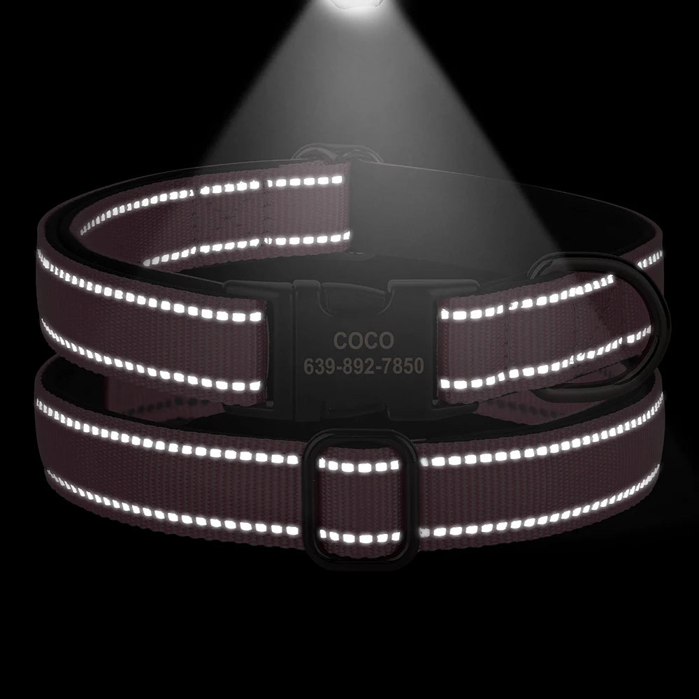 Reflective Personalized Nylon Dog Collar with Engraved ID Tag β Soft Padded, Adjustable for Small to Large Breeds
