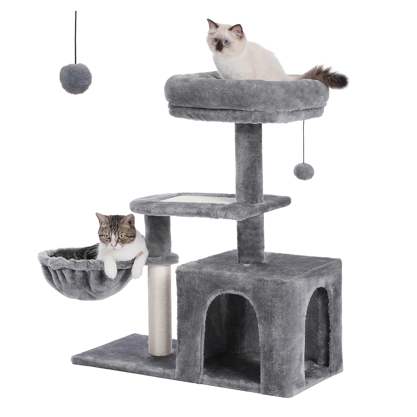 Gray Indoor Cat Activity Tree & Tower – Big Hammock, Removable Top Perch & Sisal Scratching Posts (2 Styles)