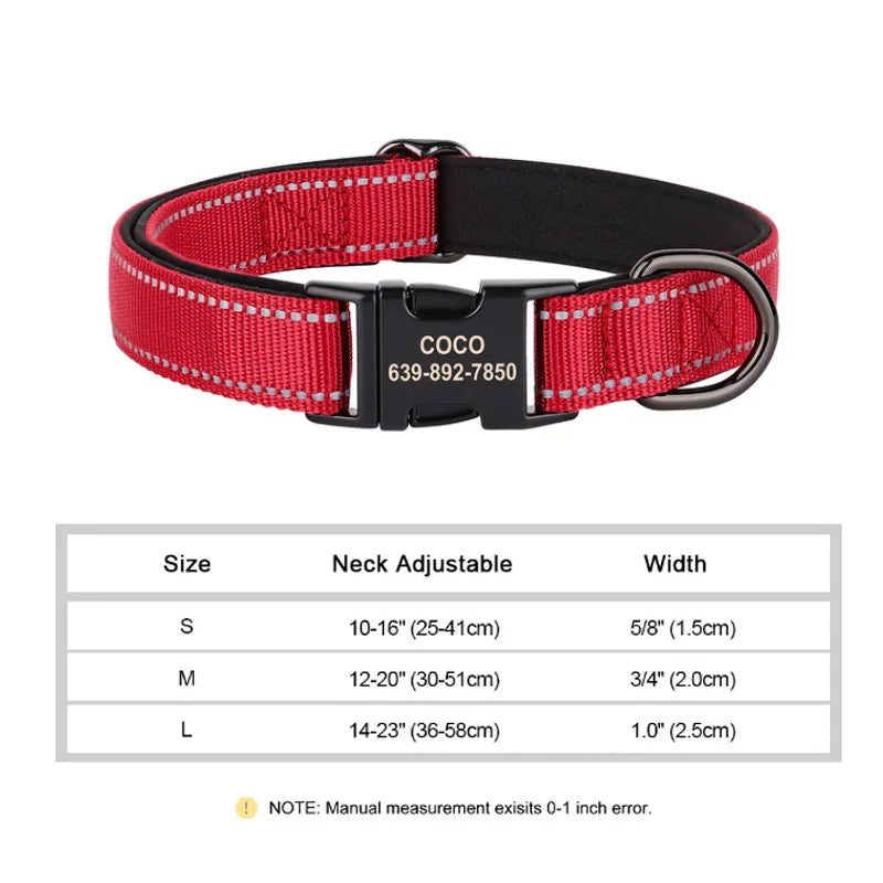 Reflective Personalized Nylon Dog Collar with Engraved ID Tag – Soft Padded, Adjustable for Small to Large Breeds