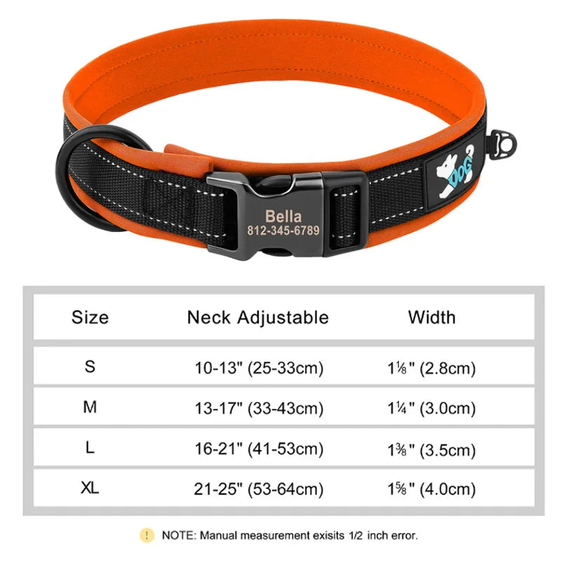 Reflective Personalized Nylon Dog Collar with Engraved ID Tag – Soft Padded, Adjustable for Small to Large Breeds