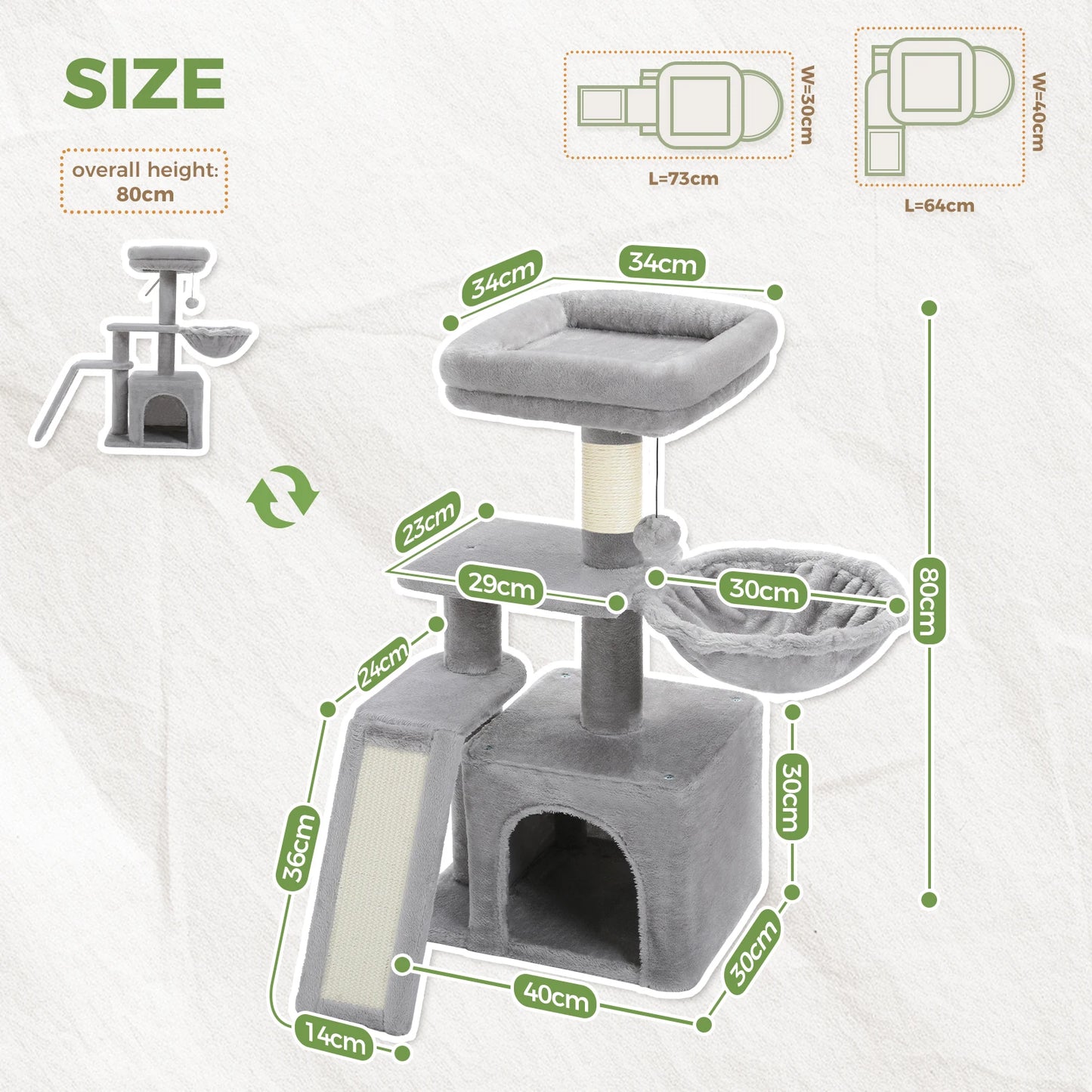 Gray Indoor Cat Activity Tree & Tower – Big Hammock, Removable Top Perch & Sisal Scratching Posts (2 Styles)