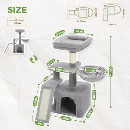 Gray Indoor Cat Activity Tree & Tower – Big Hammock, Removable Top Perch & Sisal Scratching Posts (2 Styles)