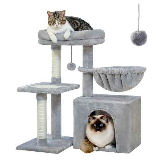 Gray Indoor Cat Activity Tree & Tower – Big Hammock, Removable Top Perch & Sisal Scratching Posts (2 Styles)