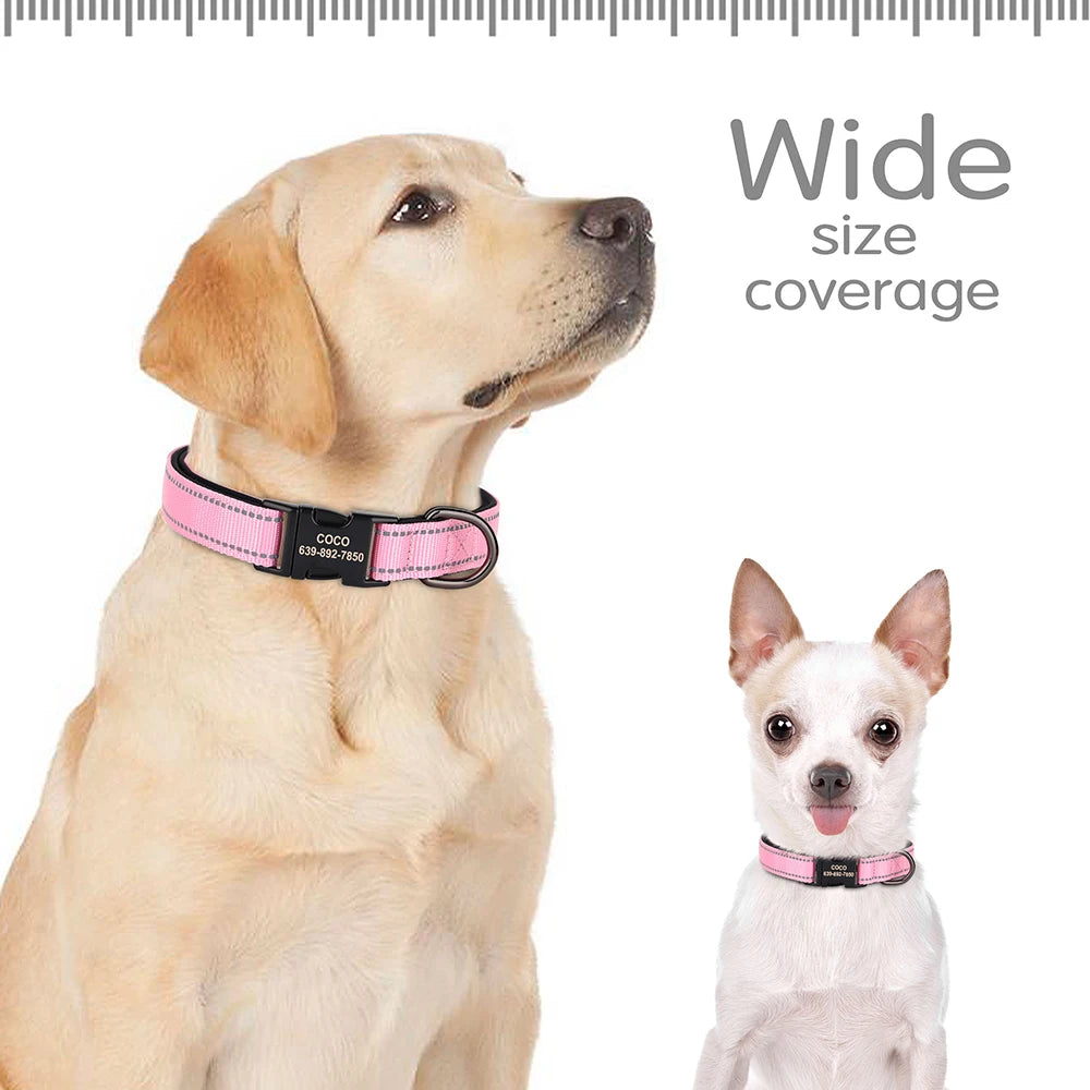 Reflective Personalized Nylon Dog Collar with Engraved ID Tag – Soft Padded, Adjustable for Small to Large Breeds