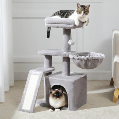 Gray Indoor Cat Activity Tree & Tower – Big Hammock, Removable Top Perch & Sisal Scratching Posts (2 Styles)