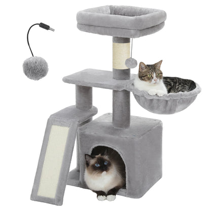 Gray Indoor Cat Activity Tree & Tower – Big Hammock, Removable Top Perch & Sisal Scratching Posts (2 Styles)