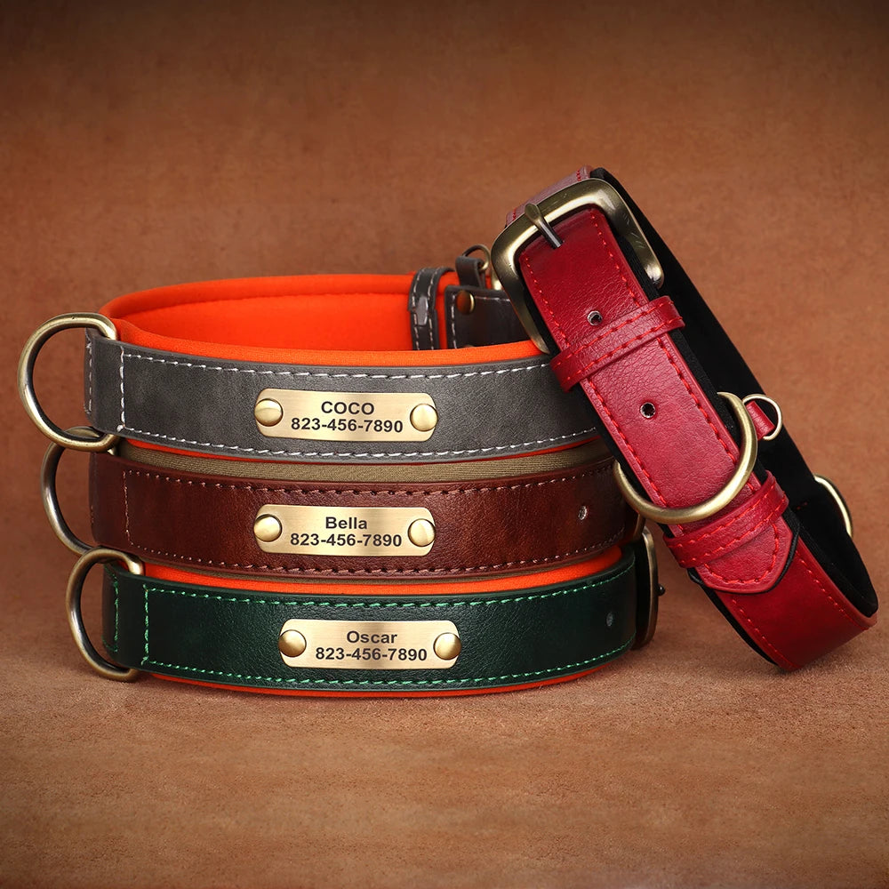 Personalized PU Leather Dog Collar with Engraved ID Nameplate – Anti-Lost, Adjustable for Small, Medium & Large Dogs