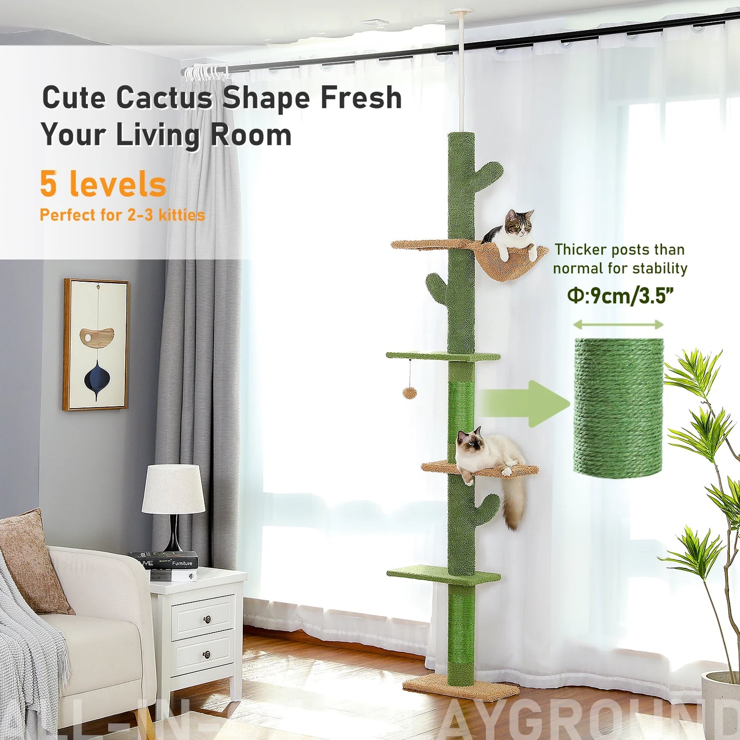 Adjustable 5-Tier Floor-to-Ceiling Cactus Cat Tower – Sisal Scratching Posts, Hammock & Dangling Ball