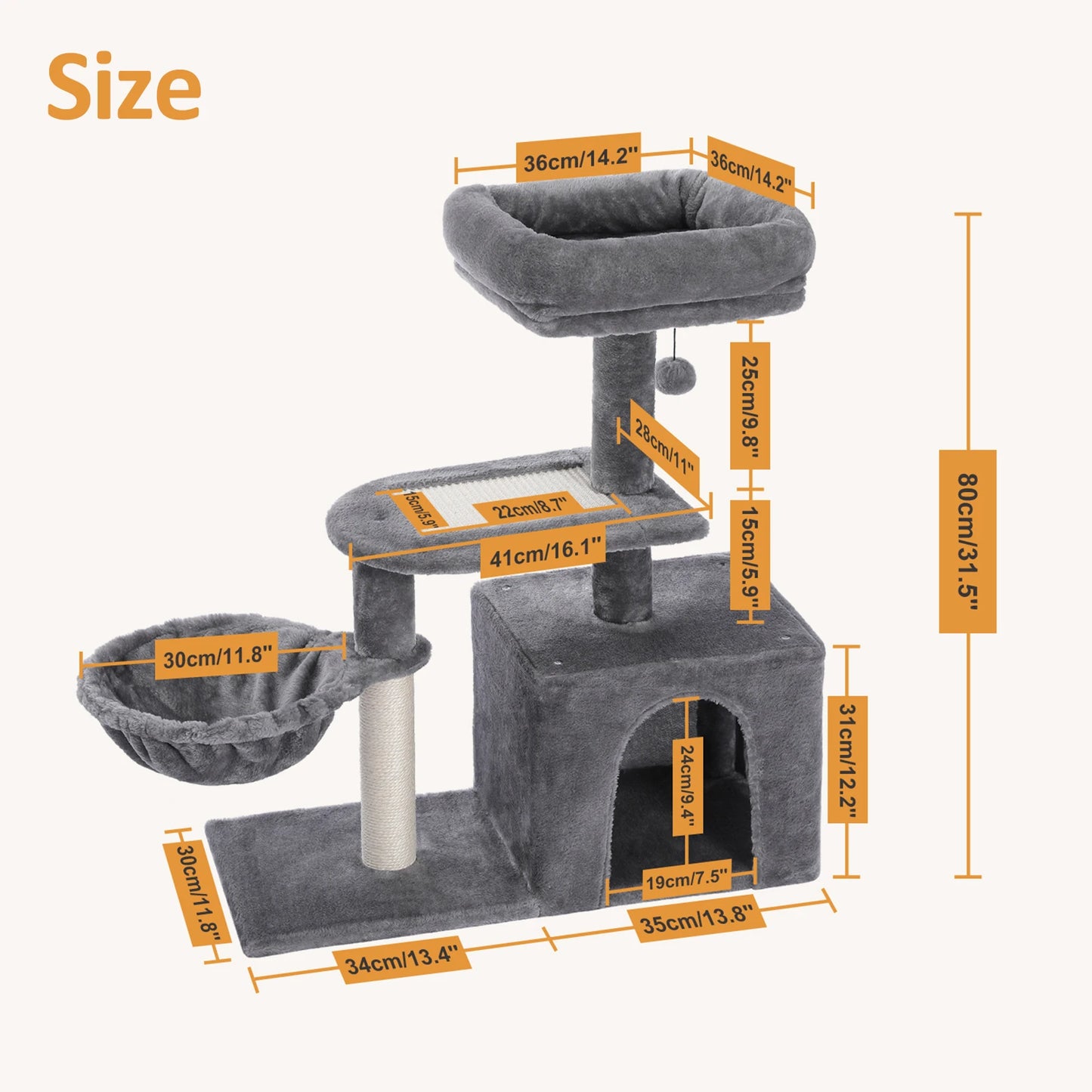 Gray Indoor Cat Activity Tree & Tower – Big Hammock, Removable Top Perch & Sisal Scratching Posts (2 Styles)