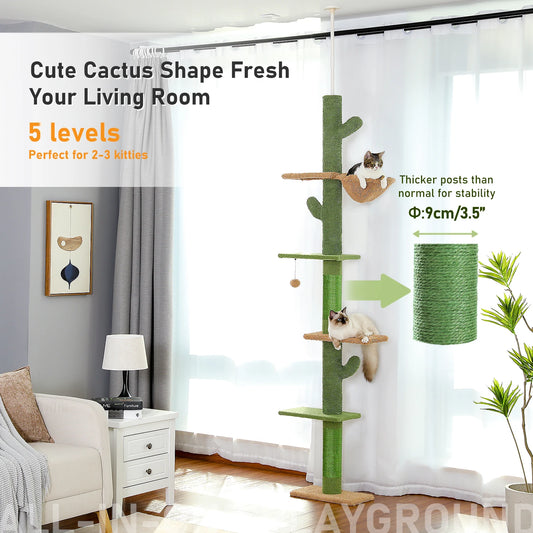 Adjustable 5-Tier Floor-to-Ceiling Cactus Cat Tower – Sisal Scratching Posts, Hammock & Dangling Ball