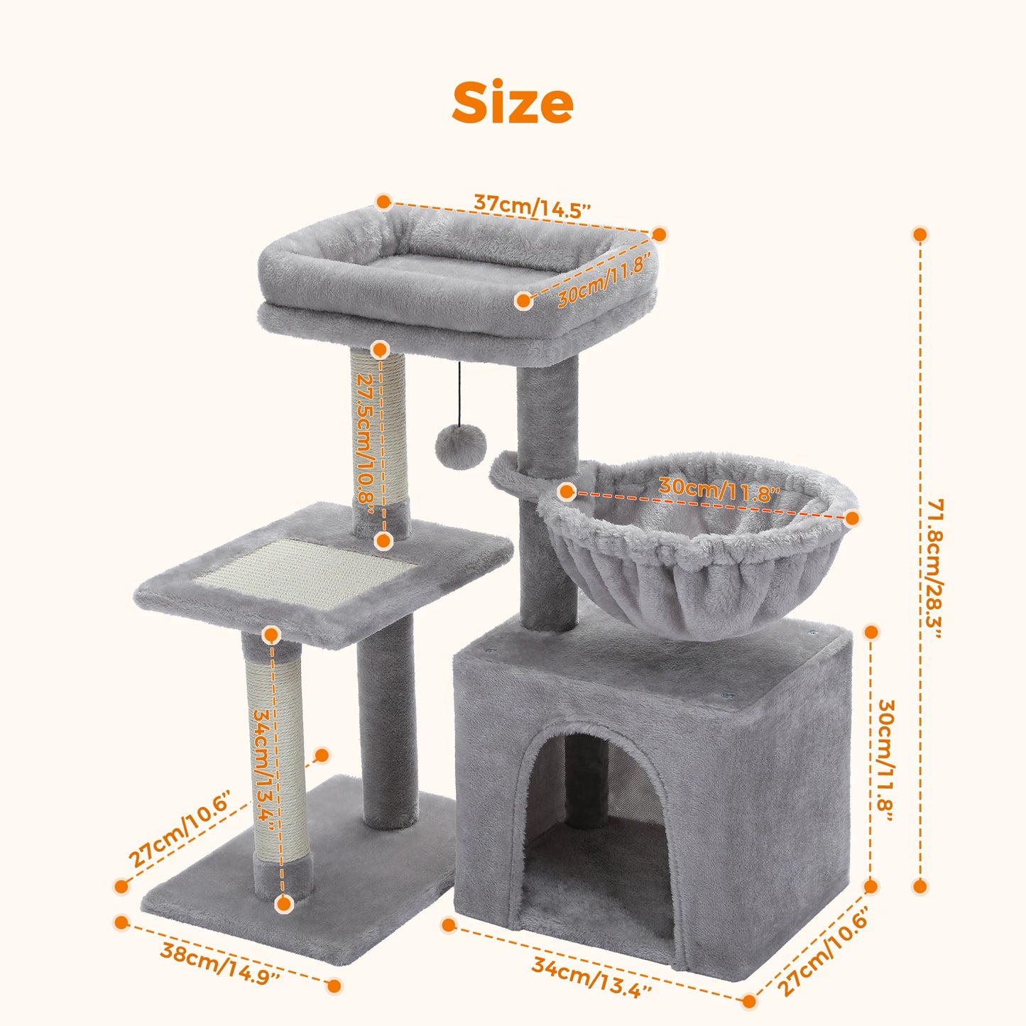 Gray Indoor Cat Activity Tree & Tower – Big Hammock, Removable Top Perch & Sisal Scratching Posts (2 Styles)
