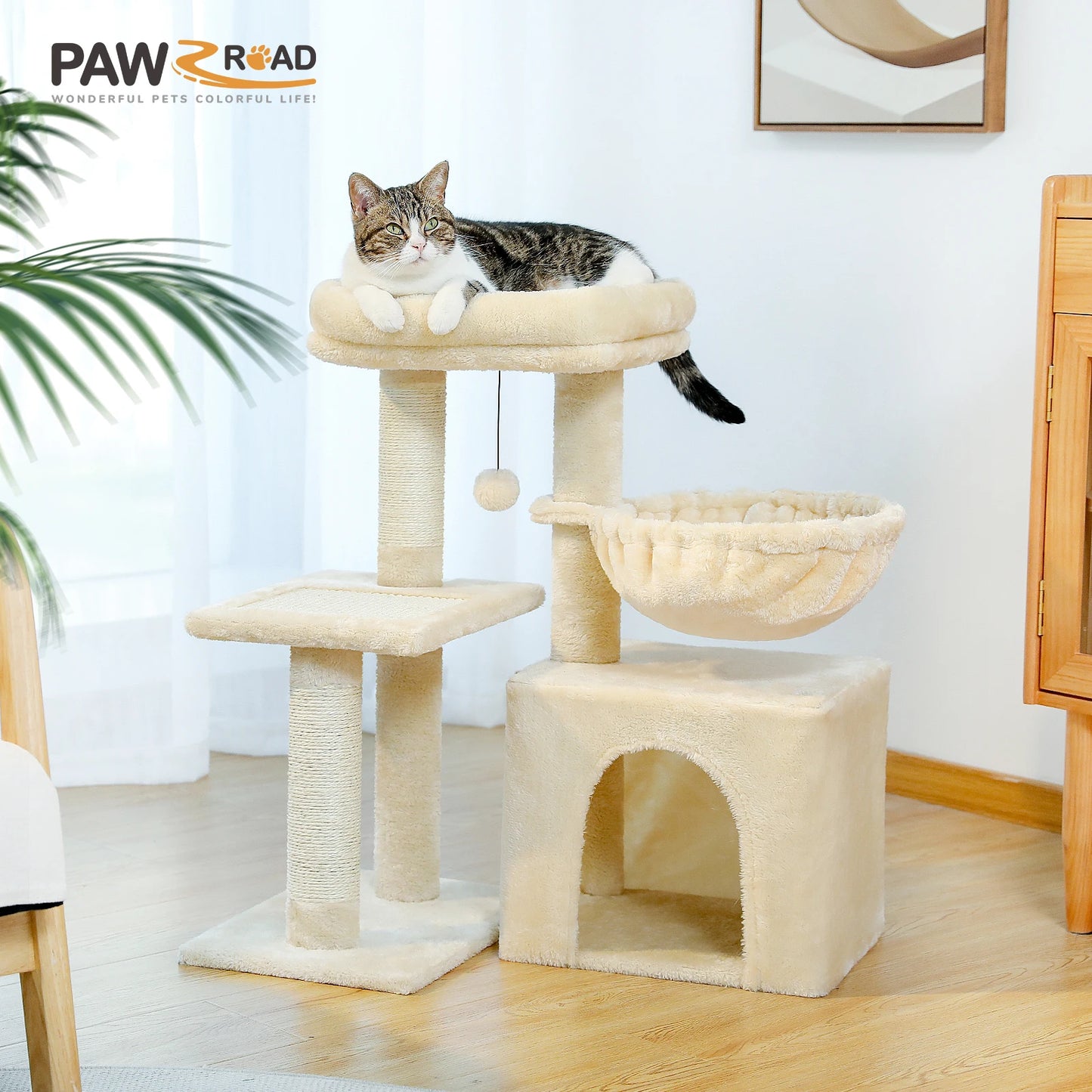 Gray Indoor Cat Activity Tree & Tower – Big Hammock, Removable Top Perch & Sisal Scratching Posts (2 Styles)