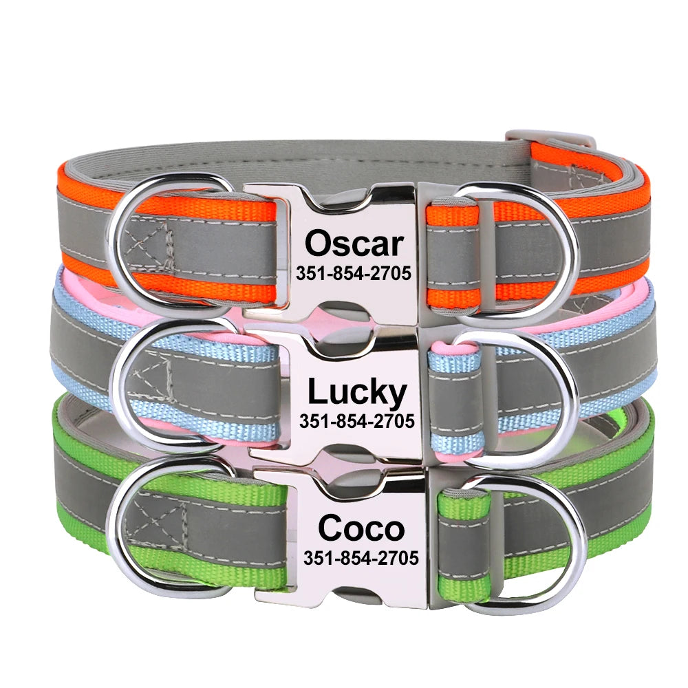 Reflective Personalized Nylon Dog Collar with Engraved ID Tag – Soft Padded, Adjustable for Small to Large Breeds