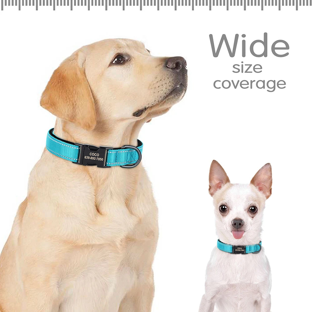 Reflective Personalized Nylon Dog Collar with Engraved ID Tag – Soft Padded, Adjustable for Small to Large Breeds