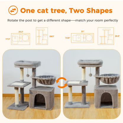 Gray Indoor Cat Activity Tree & Tower – Big Hammock, Removable Top Perch & Sisal Scratching Posts (2 Styles)