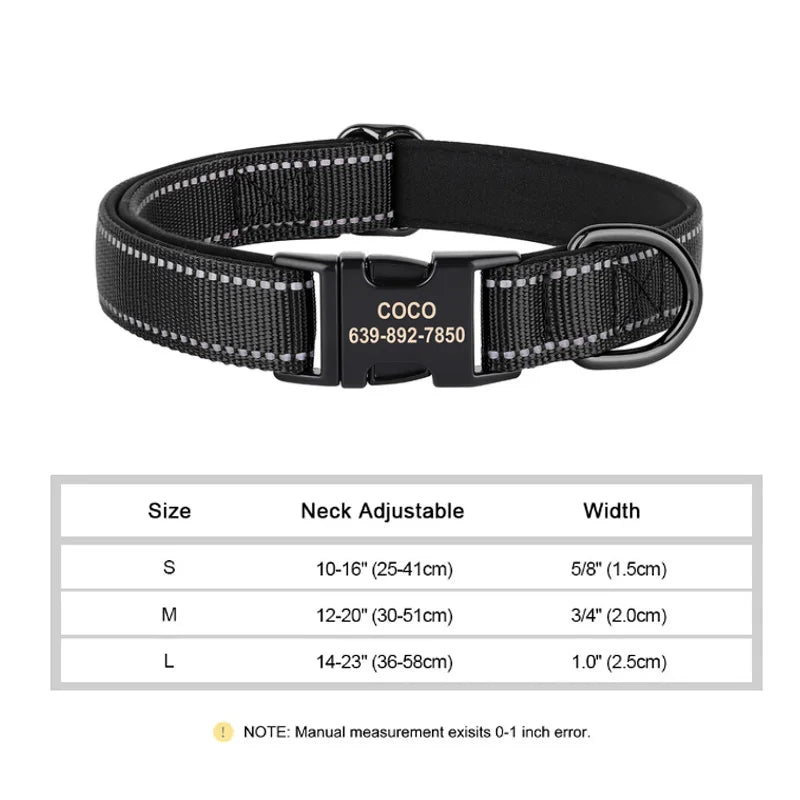 Reflective Personalized Nylon Dog Collar with Engraved ID Tag – Soft Padded, Adjustable for Small to Large Breeds