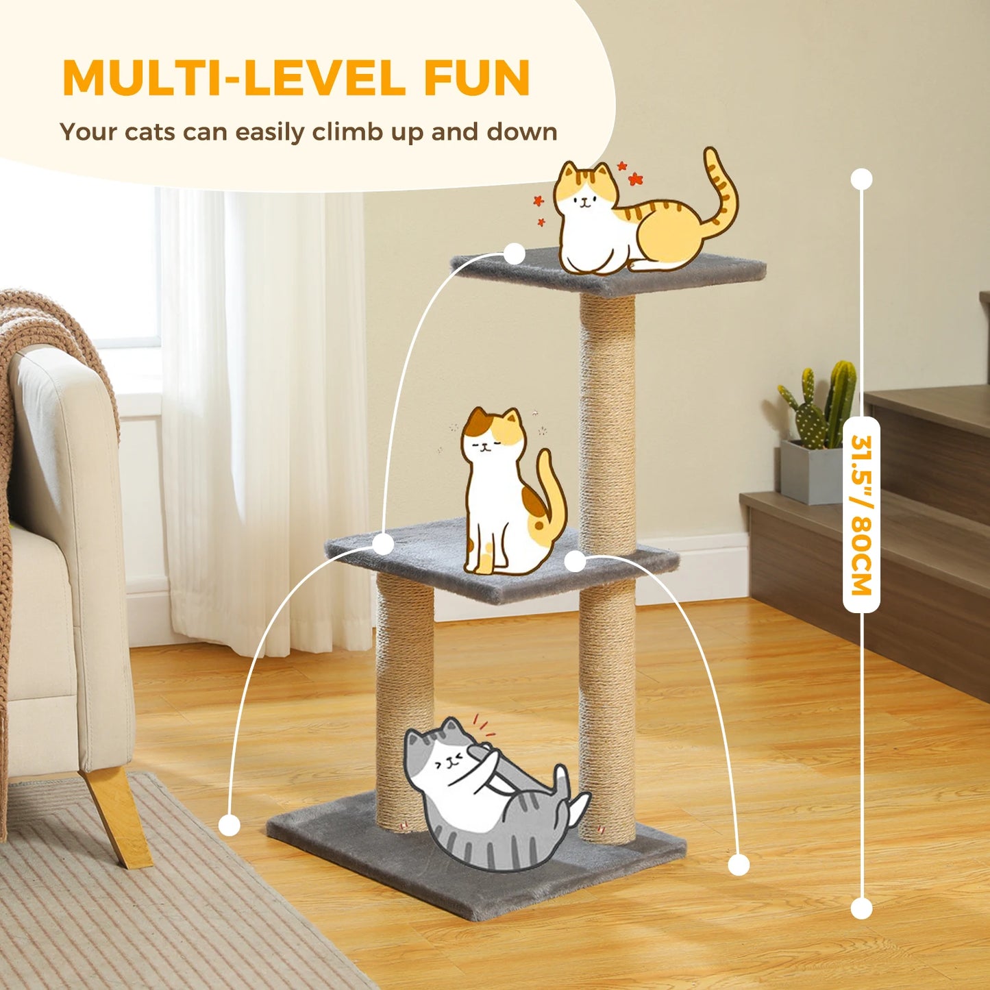 Gray Indoor Cat Activity Tree & Tower – Big Hammock, Removable Top Perch & Sisal Scratching Posts (2 Styles)