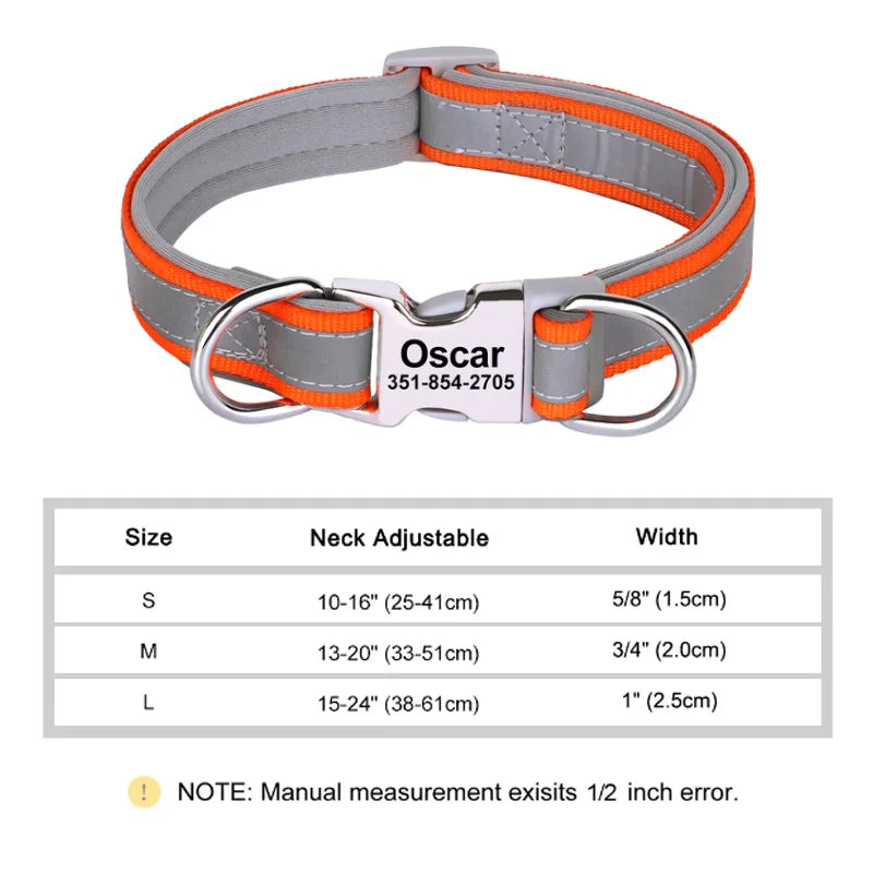 Reflective Personalized Nylon Dog Collar with Engraved ID Tag – Soft Padded, Adjustable for Small to Large Breeds