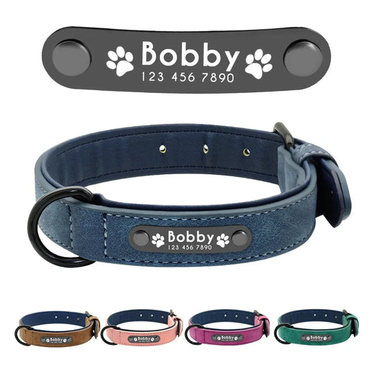 Personalized Leather Dog Collar with Custom Name Engraving & ID Tag – Adjustable for Small, Medium & Large Dogs