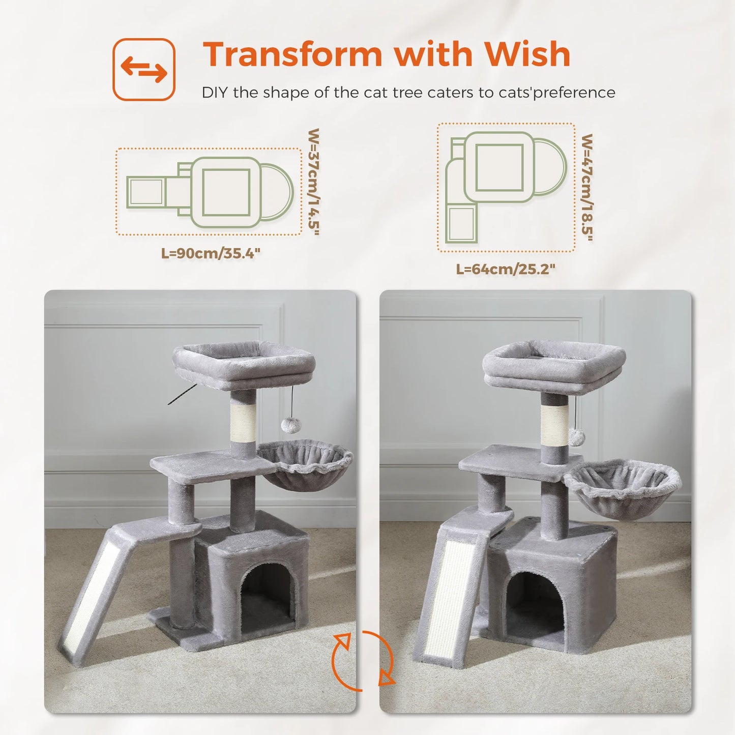 Gray Indoor Cat Activity Tree & Tower – Big Hammock, Removable Top Perch & Sisal Scratching Posts (2 Styles)