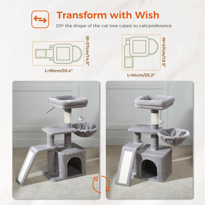 Gray Indoor Cat Activity Tree & Tower – Big Hammock, Removable Top Perch & Sisal Scratching Posts (2 Styles)