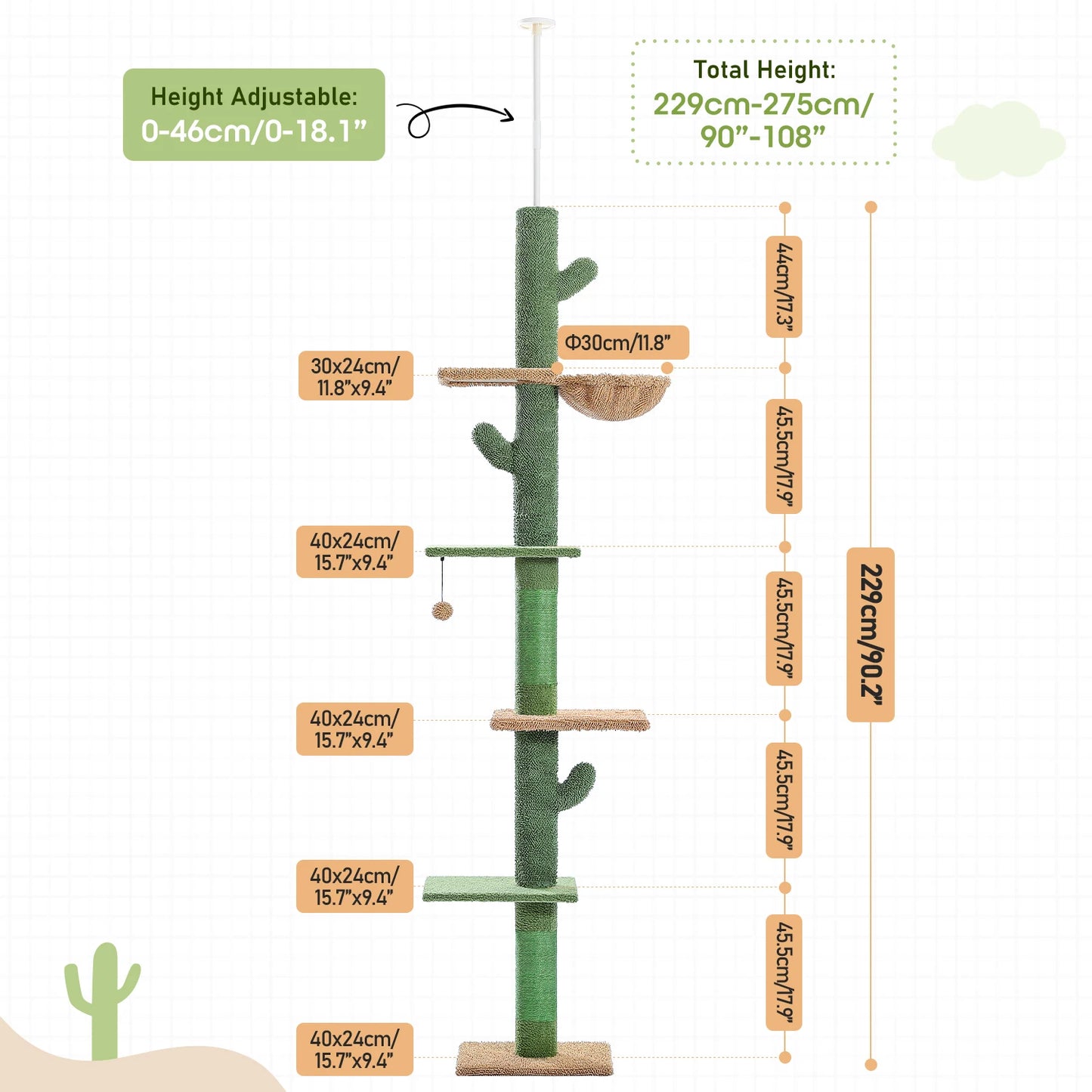 Adjustable 5-Tier Floor-to-Ceiling Cactus Cat Tower – Sisal Scratching Posts, Hammock & Dangling Ball