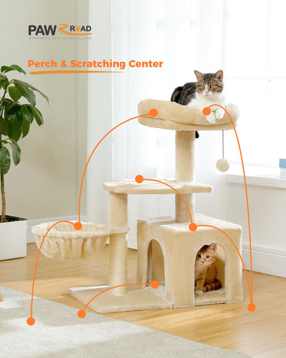 Gray Indoor Cat Activity Tree & Tower – Big Hammock, Removable Top Perch & Sisal Scratching Posts (2 Styles)