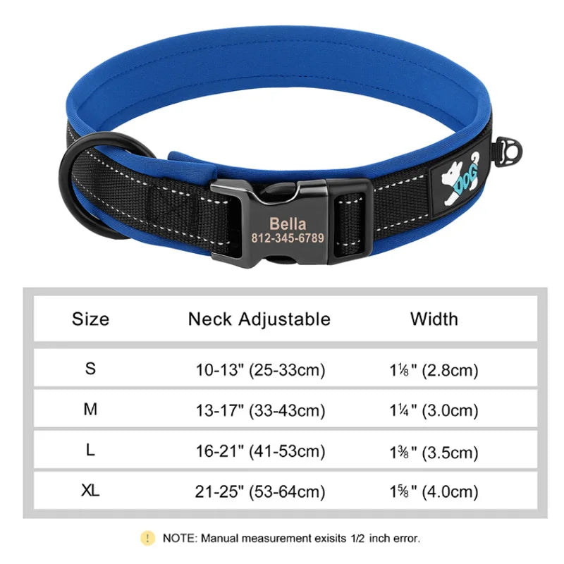 Reflective Personalized Nylon Dog Collar with Engraved ID Tag – Soft Padded, Adjustable for Small to Large Breeds