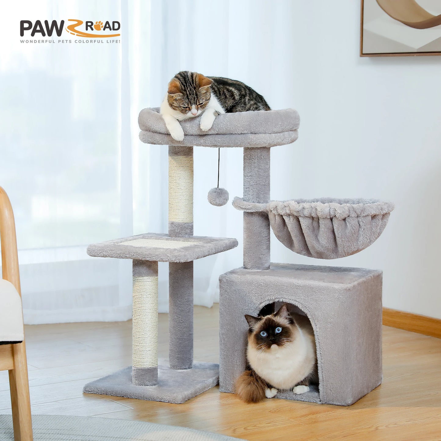 Gray Indoor Cat Activity Tree & Tower – Big Hammock, Removable Top Perch & Sisal Scratching Posts (2 Styles)
