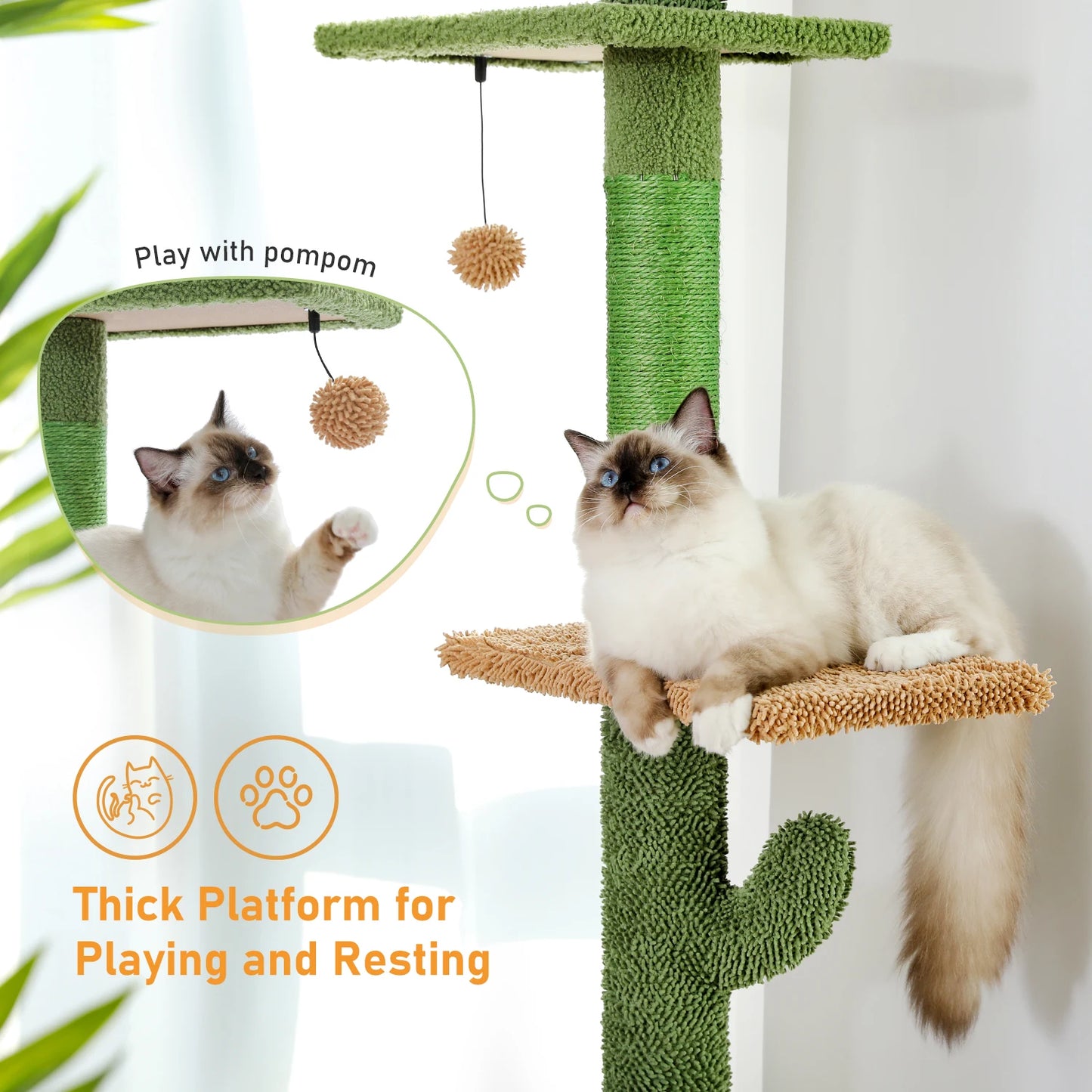 Adjustable 5-Tier Floor-to-Ceiling Cactus Cat Tower – Sisal Scratching Posts, Hammock & Dangling Ball