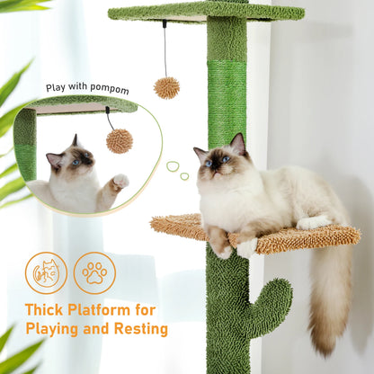 Adjustable 5-Tier Floor-to-Ceiling Cactus Cat Tower – Sisal Scratching Posts, Hammock & Dangling Ball