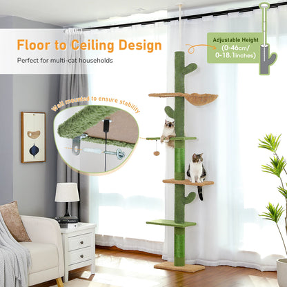 Adjustable 5-Tier Floor-to-Ceiling Cactus Cat Tower – Sisal Scratching Posts, Hammock & Dangling Ball