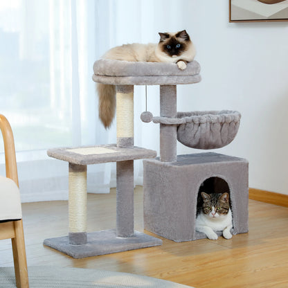 Gray Indoor Cat Activity Tree & Tower – Big Hammock, Removable Top Perch & Sisal Scratching Posts (2 Styles)