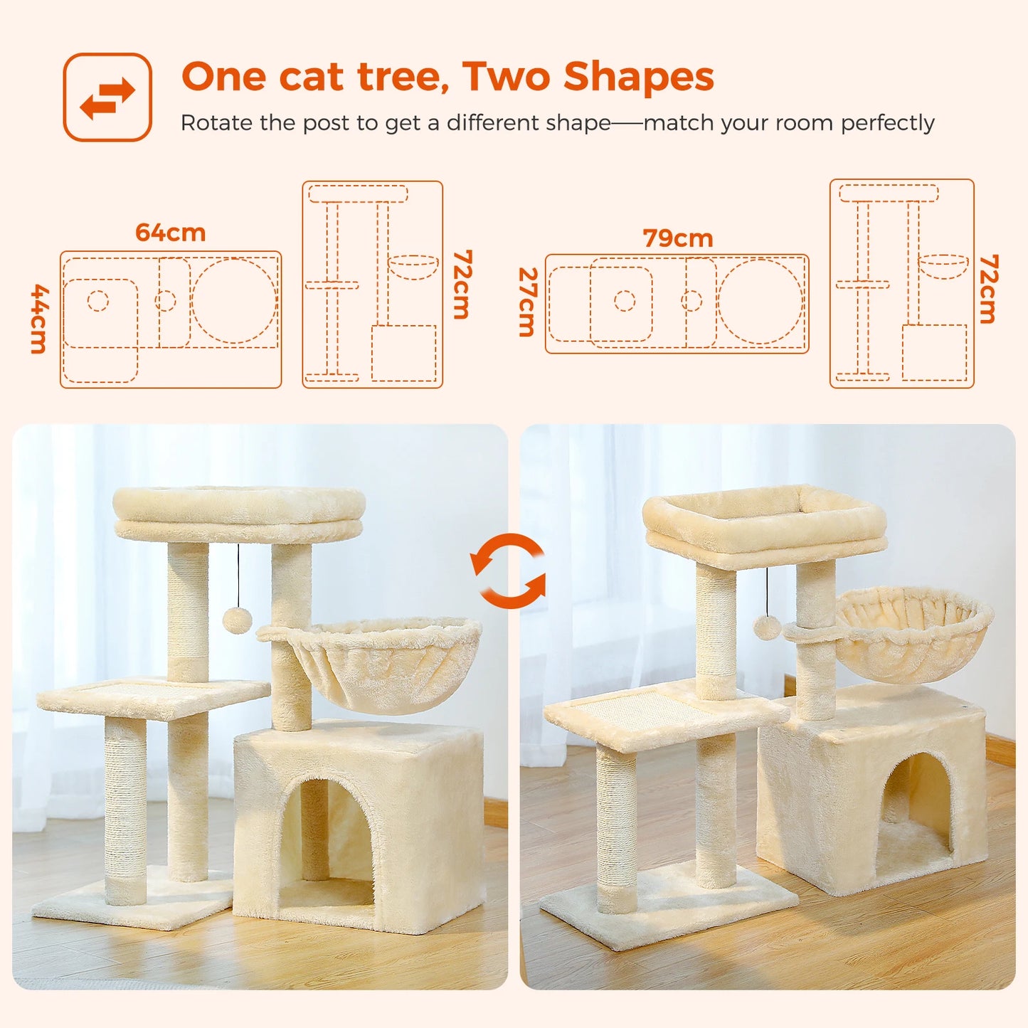 Gray Indoor Cat Activity Tree & Tower – Big Hammock, Removable Top Perch & Sisal Scratching Posts (2 Styles)