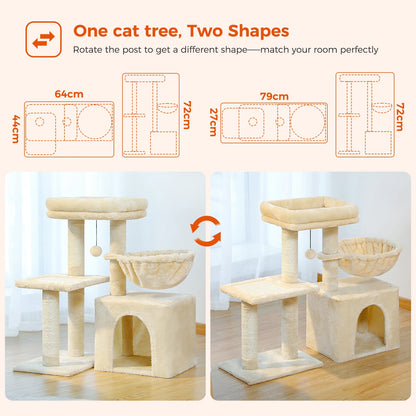 Gray Indoor Cat Activity Tree & Tower – Big Hammock, Removable Top Perch & Sisal Scratching Posts (2 Styles)