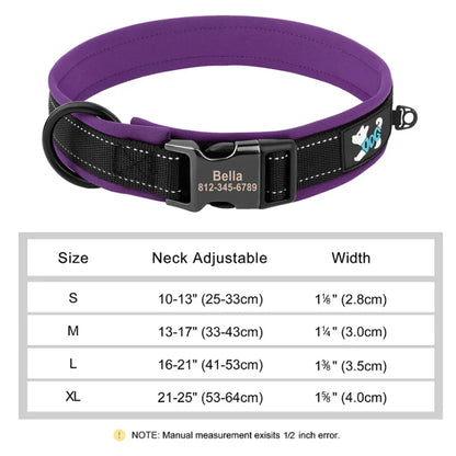 Reflective Personalized Nylon Dog Collar with Engraved ID Tag – Soft Padded, Adjustable for Small to Large Breeds