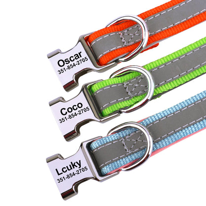 Reflective Personalized Nylon Dog Collar with Engraved ID Tag – Soft Padded, Adjustable for Small to Large Breeds
