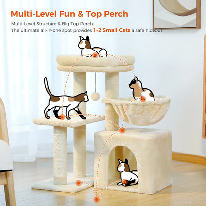Gray Indoor Cat Activity Tree & Tower – Big Hammock, Removable Top Perch & Sisal Scratching Posts (2 Styles)