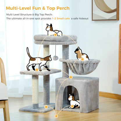 Gray Indoor Cat Activity Tree & Tower – Big Hammock, Removable Top Perch & Sisal Scratching Posts (2 Styles)