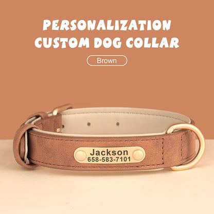 Personalized PU Leather Dog Collar with Engraved ID Nameplate – Anti-Lost, Adjustable for Small, Medium & Large Dogs