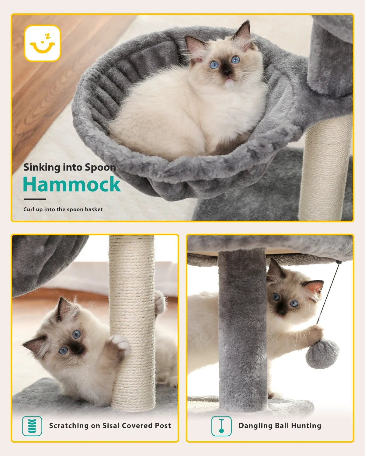 Gray Indoor Cat Activity Tree & Tower – Big Hammock, Removable Top Perch & Sisal Scratching Posts (2 Styles)