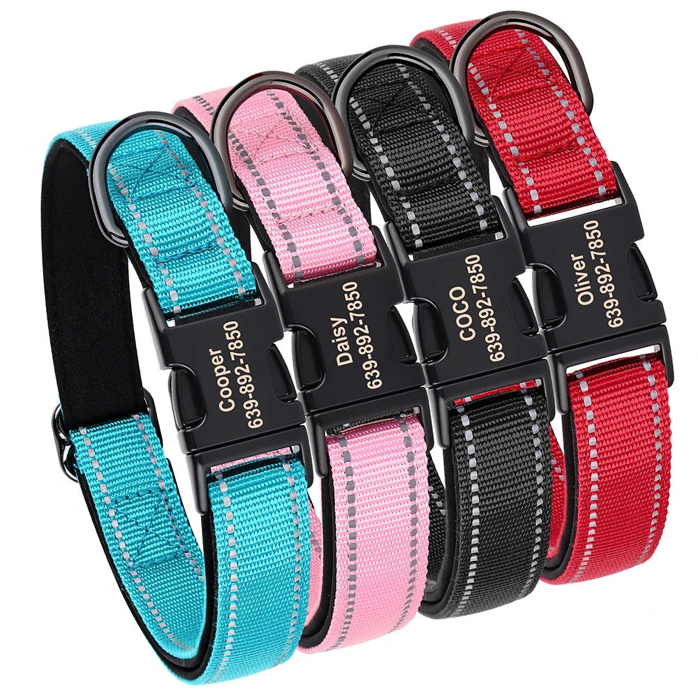 Reflective Personalized Nylon Dog Collar with Engraved ID Tag – Soft Padded, Adjustable for Small to Large Breeds