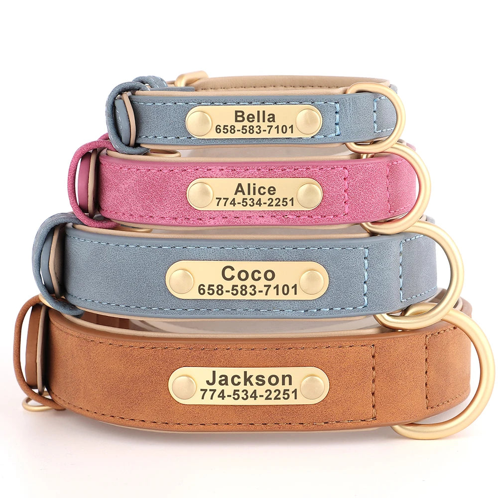 Personalized PU Leather Dog Collar with Engraved ID Nameplate – Anti-Lost, Adjustable for Small, Medium & Large Dogs