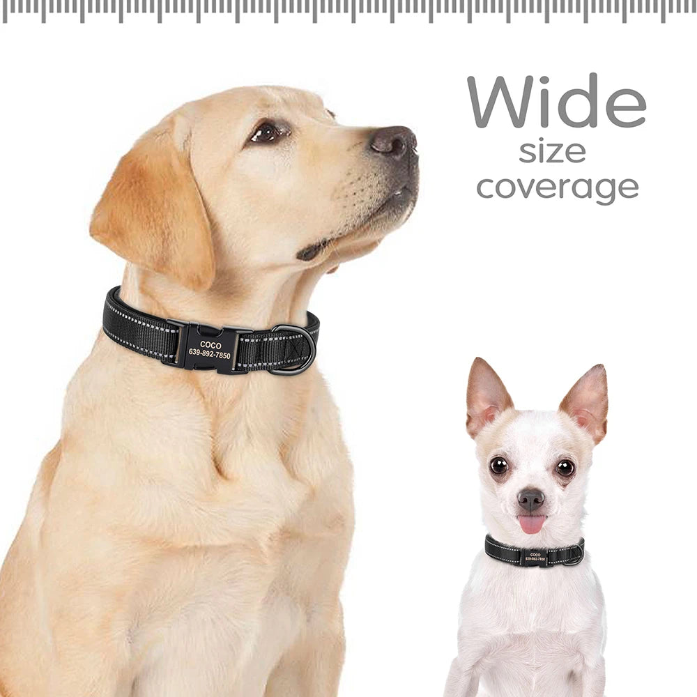 Reflective Personalized Nylon Dog Collar with Engraved ID Tag – Soft Padded, Adjustable for Small to Large Breeds
