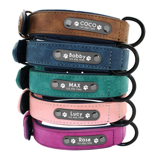 Personalized Leather Dog Collar with Custom Name Engraving & ID Tag – Adjustable for Small, Medium & Large Dogs
