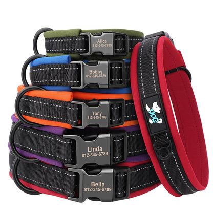 Reflective Personalized Nylon Dog Collar with Engraved ID Tag – Soft Padded, Adjustable for Small to Large Breeds