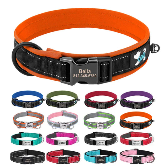 Reflective Personalized Nylon Dog Collar with Engraved ID Tag – Soft Padded, Adjustable for Small to Large Breeds