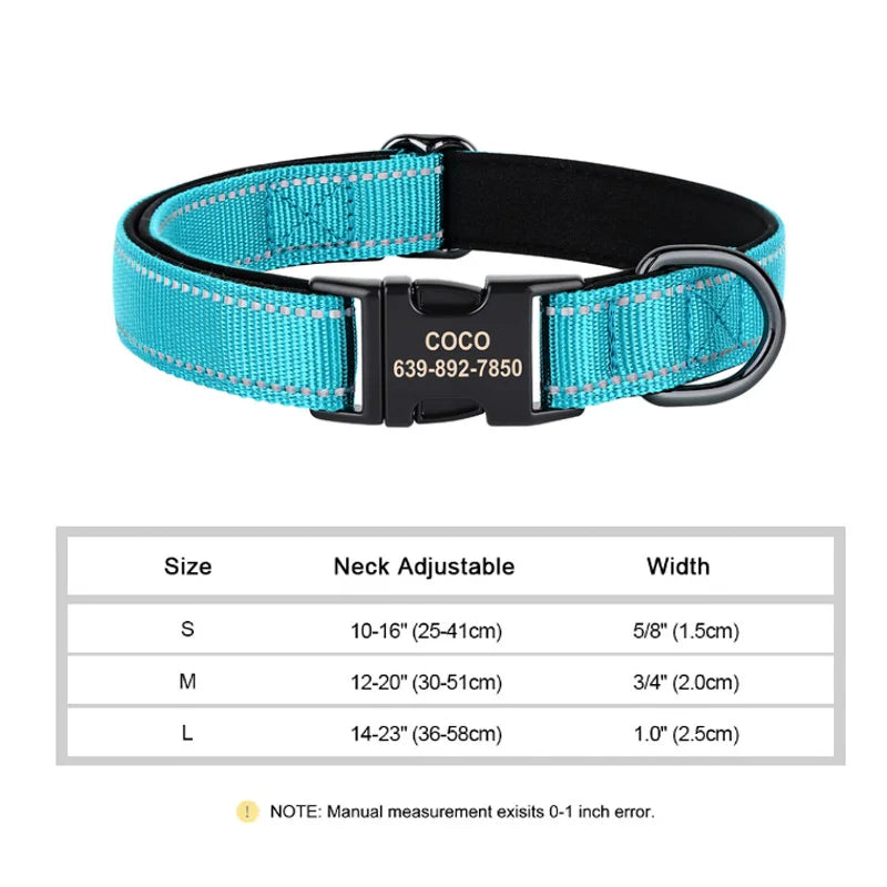 Reflective Personalized Nylon Dog Collar with Engraved ID Tag – Soft Padded, Adjustable for Small to Large Breeds